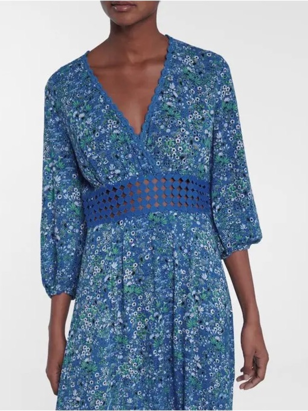 Poupette St Barth Joan Floral Maxi Dress Blue Crochet Waist Size M - Picture 9 of 13
